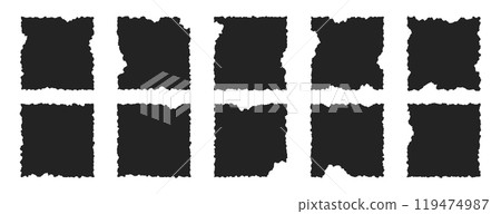 Black square paper frames with jagged edges, ripped torn sheets or tattered page pieces 119474987
