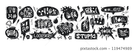Doodle black speech bubbles or comic explosion boxes with insults, curses, swearwords, censored symbols Doodle black speech bubbles or comic explosion boxes with insults, curses, swearwords, censored symbols 119474989