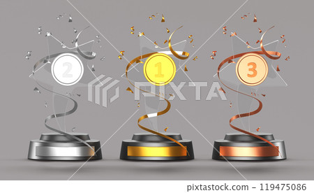 3d glass star award trophy with confetti render icon set. Crystal prize on pedestal, golden, silver, bronze medal. Champion of competition, first place winner cup, victory celebration. 3D illustration 119475086