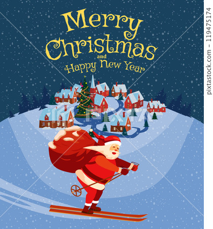 Poster Merry Christmas Santa Claus flying in the night sky by ski with sack full gifts Poster Merry Christmas Santa Claus flying in the night sky by ski with sack full gifts 119475174