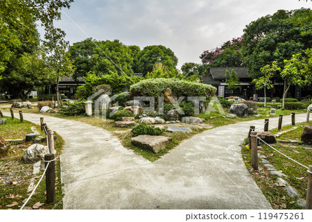 Garden view of the Hinoki Village (cypress forest life village) in Chiayi, Taiwan.  Hinoki Village in Chiayi, Taiwan. 119475261