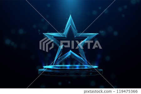 Futuristic glowing 3D star on a digital platform with blue light effects 119475366