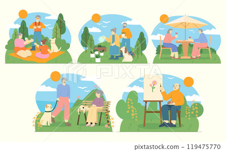 Seniors enjoying hobbies and leisure outdoors. Vector illustrations 119475770