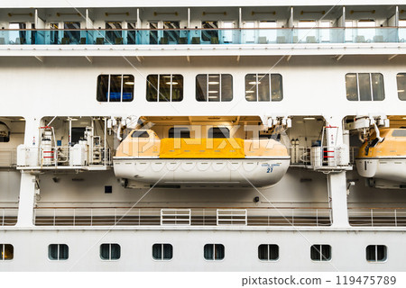 Close-up of enclosed lifeboats on a cruise ship in Kaohsiung, Taiwan. 119475789