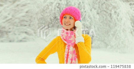 Winter day, happy smiling young woman calling on smartphone in hat, sweater look away in snowy park 119475838