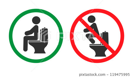 Correct way to use water closet, icon symbol. Do not squat on top on toilet. WC, toilet sign. No, Prohibited, forbidden. Vector illustration image. Isolated on white background. Correct way to use water closet, icon symbol. Do not squat on top on toilet. WC, toilet sign. No, Prohibited, forbidden. Vector illustration image. Isolated on white background. 119475995