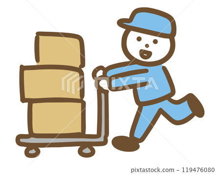 A young male worker carrying cardboard boxes on a cart (full body) 119476080