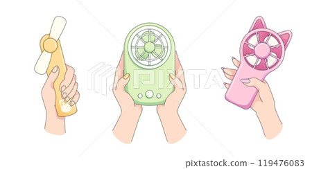 Cartoon human hands holding cute portable fan Cartoon human hands holding cute portable fan 119476083