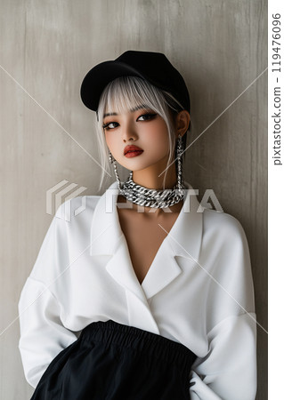 Elegant young woman wearing modern minimalist fashion, featuring a black cap and striking jewelry. Elegant young woman wearing modern minimalist fashion, featuring a black cap and striking jewelry. 119476096