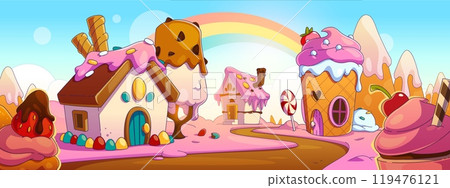 Sweet candy land background. Fantasy game cartoon 119476121