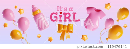 3d pink baby girl shower background. Cute balloon 3d pink baby girl shower background. Cute balloon 119476141