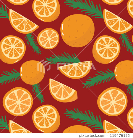Christmas seamless pattern with tangerines and fir branches. Vector illustration 119476155