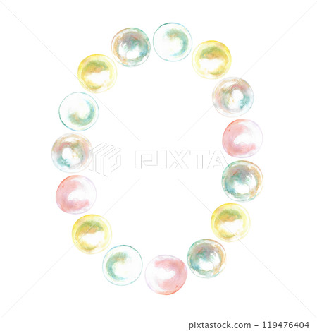 Pearl beads on the neck, bracelet hand-painted in watercolor. Necklace with precious pearls are strung in ellipse shape. Illustration drawn of mother-of-pearl sea pearls from different colors. Can be 119476404