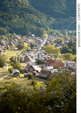 Shirakawa village, Gifu, Japan. a traditional village nestled among lush mountains, showcasing unique wooden houses and a serene landscape. Shirakawa village, Gifu, Japan. a traditional village nestled among lush mountains, showcasing unique wooden houses and a serene landscape. 119476470