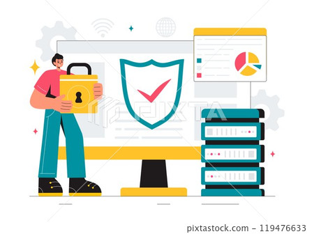 Vulnerability and Threat Management Solutions Vector Illustration featuring Data Breach Security Attack, Hacker Fraud, and Coding Issues in background 119476633