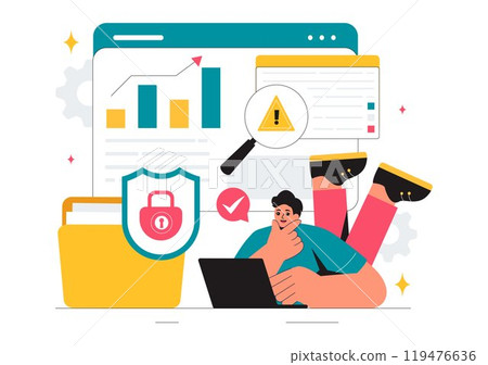 Vulnerability and Threat Management Solutions Vector Illustration featuring Data Breach Security Attack, Hacker Fraud, and Coding Issues in background 119476636
