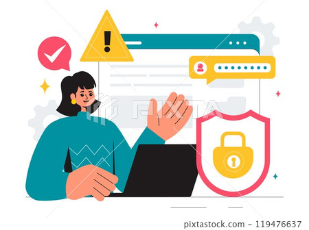Vulnerability and Threat Management Solutions Vector Illustration featuring Data Breach Security Attack, Hacker Fraud, and Coding Issues in background 119476637