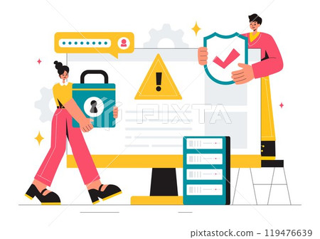 Vulnerability and Threat Management Solutions Vector Illustration featuring Data Breach Security Attack, Hacker Fraud, and Coding Issues in background 119476639