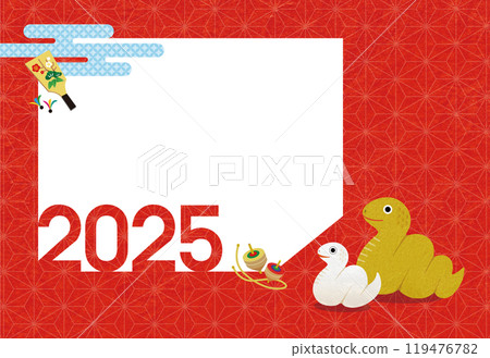 2025 New Year's card Photo frame with illustration of a snake family 2025 New Year's card Photo frame with illustration of a snake family 119476782