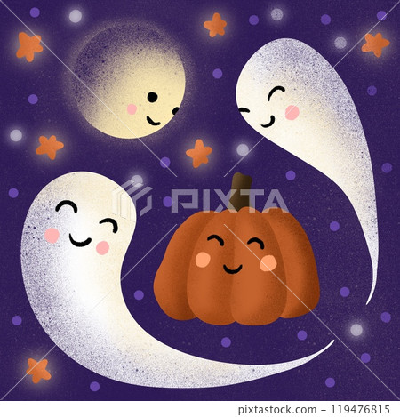 Hand drawn illustration of cute purple Halloween ghost and orange pumpkin. Funny kids nursery holiday design in creepy spooky print for children in lilac lavender, moon night with stars. 119476815