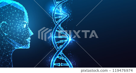 AI genetics and biotechnology concept with AI robotic head examining DNA strand on blue background. 119476974