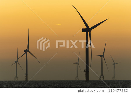 Sunset view of the Offshore wind power systems off the western coast of Taiwan. Offshore wind power systems, Taiwan. 119477282