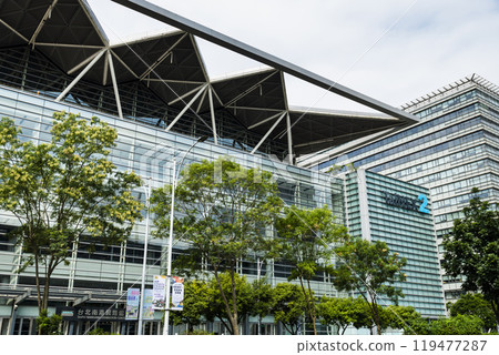 Building view of the Taipei Nangang Exhibition Center Hall 2 in Taiwan. 119477287