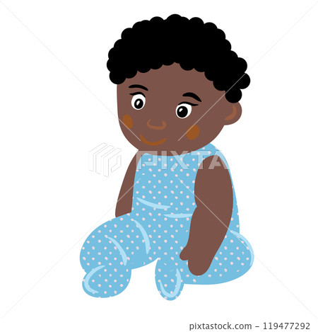 Hand drawn illustration of african american black cute baby boy in blue sitting. Birthday baby shower celebration poster, kids children nursery design in simple shapes colors, funny toddler childhood. Hand drawn illustration of african american black cute baby boy in blue sitting. Birthday baby shower celebration poster, kids children nursery design in simple shapes colors, funny toddler childhood. 119477292