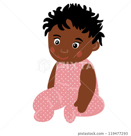 Hand drawn illustration of african american black cute baby girl in pink sitting. Birthday baby shower celebration poster, kids children nursery design in simple shapes colors, funny toddler childhood Hand drawn illustration of african american black cute baby girl in pink sitting. Birthday baby shower celebration poster, kids children nursery design in simple shapes colors, funny toddler childhood 119477293