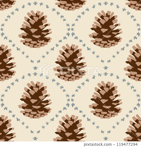 hand drawn seamless pattern with pine conifer spruce branches twigs and cones on beige background, Christmas winter new year print for textile wrapping paper, natural colors green evergreen grey stars hand drawn seamless pattern with pine conifer spruce branches twigs and cones on beige background, Christmas winter new year print for textile wrapping paper, natural colors green evergreen grey stars 119477294
