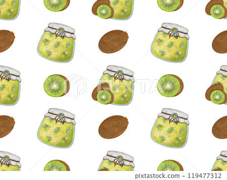 Seamless pattern of fruits from jam jars. Hand drawn watercolor illustration. For menus, labels, paper, textiles 119477312