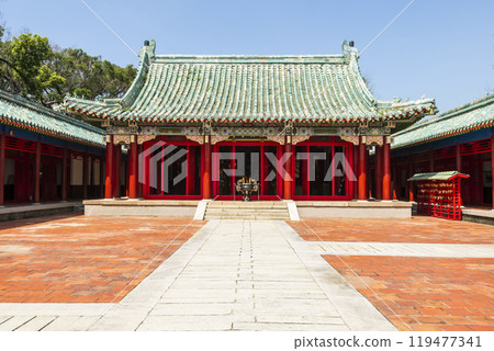 Building view of the Koxinga Shrine(Yanping Junwang Temple) in Tainan, Taiwan, is the only Fujianese-style shrine in Taiwan. 119477341