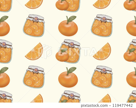 Seamless pattern of fruits from jam jars. Hand drawn watercolor illustration. For menus, labels, paper, textiles Seamless pattern of fruits from jam jars. Hand drawn watercolor illustration. For menus, labels, paper, textiles 119477442