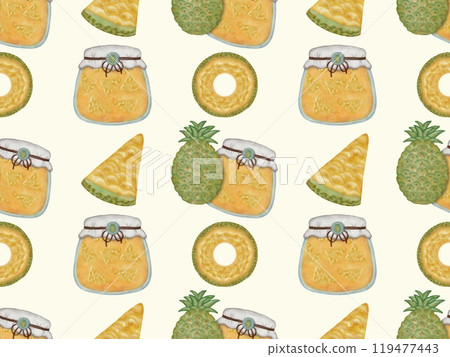 Seamless pattern of fruits from jam jars. Hand drawn watercolor illustration. For menus, labels, paper, textiles Seamless pattern of fruits from jam jars. Hand drawn watercolor illustration. For menus, labels, paper, textiles 119477443