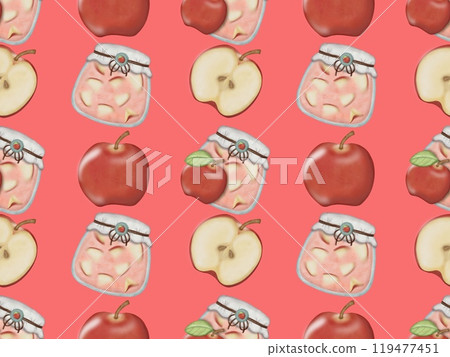Seamless pattern of fruits from jam jars. Hand drawn watercolor illustration. For menus, labels, paper, textiles 119477451