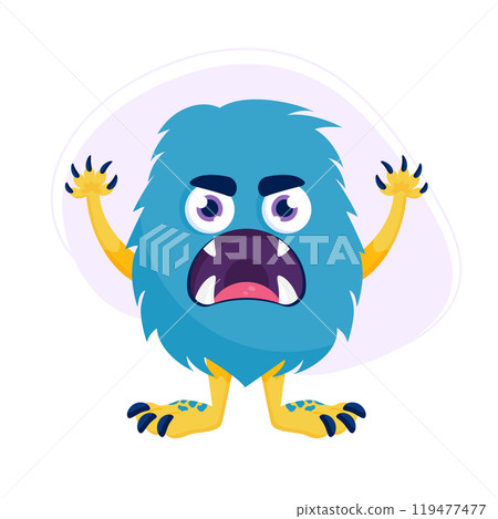 Cute cartoon angry monster. Funny blue fluffy creature in childish style isolated on white background. Vector illustration 119477477