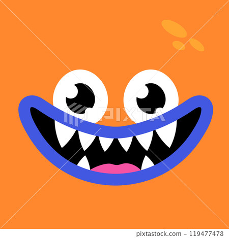 Cute cartoon monster face background. Funny smiling monster face in childish style on orange background. Vector illustration Cute cartoon monster face background. Funny smiling monster face in childish style on orange background. Vector illustration 119477478