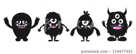 Cute cartoon monsters set. Funny black creature silhouettes in childish style. Vector illustration 119477481