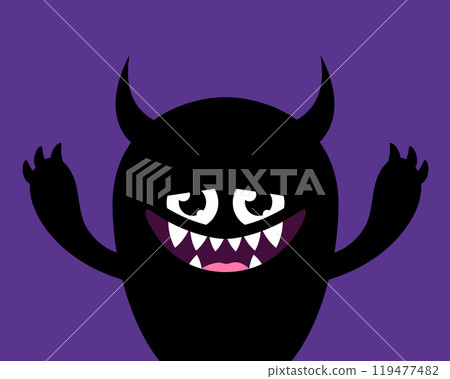 Cute cartoon monster. Funny black creature with horns in childish style. Vector illustration 119477482