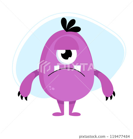 Cute cartoon sad monster. Funny purple creature in childish style isolated on white background. Vector illustration 119477484