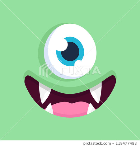 Cute cartoon one eyed monster face background. Funny smiling monster face in childish style on green background. Vector illustration 119477488