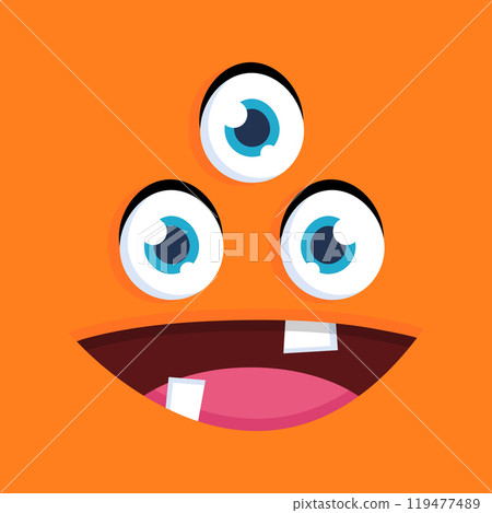 Cute cartoon three eyed monster face background. Funny monster face in childish style on orange background. Vector illustration 119477489