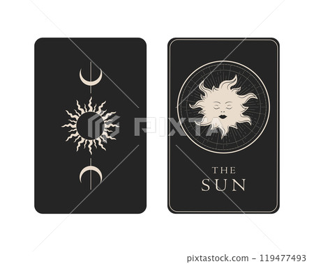 Tarot card with reverse side. The Sun Major Arcana symbol. Tarot symbolism. Mystery, astrology, esoteric. Vector illustration 119477493