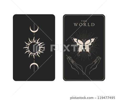 Tarot card with reverse side. The World Major Arcana symbol. Tarot symbolism. Mystery, astrology, esoteric. Vector illustration 119477495