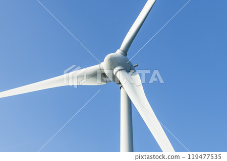 Close-up of wind power systems with a blue sky background on the west coast of Taiwan. 119477535