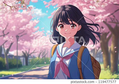 High school girl standing under a cherry tree 119477577