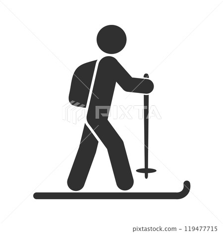 Skiing man with backpack figure icon symbol. Ski sport stick man logo sign. Vector illustration image. Isolated on white background. Skiing man with backpack figure icon symbol. Ski sport stick man logo sign. Vector illustration image. Isolated on white background. 119477715