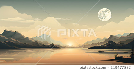 Mountain lake with boat painting - Stock Illustration [119477882] - PIXTA