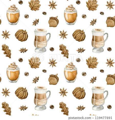 Coffee Latte Macchiato, Pumpkin Spice Latte Coffee and Autumn leaves cookies. Watercolor seamless pattern on white background for food bakery design, kitchen textile, delicious fabric, wrapping paper Coffee Latte Macchiato, Pumpkin Spice Latte Coffee and Autumn leaves cookies. Watercolor seamless pattern on white background for food bakery design, kitchen textile, delicious fabric, wrapping paper 119477891