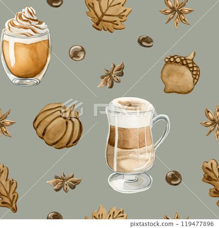Coffee Latte Macchiato, Pumpkin Spice Latte Coffee and Autumn leaves cookies. Watercolor seamless pattern on sage green background for food bakery design, kitchen textile, delicious wrapping paper Coffee Latte Macchiato, Pumpkin Spice Latte Coffee and Autumn leaves cookies. Watercolor seamless pattern on sage green background for food bakery design, kitchen textile, delicious wrapping paper 119477896